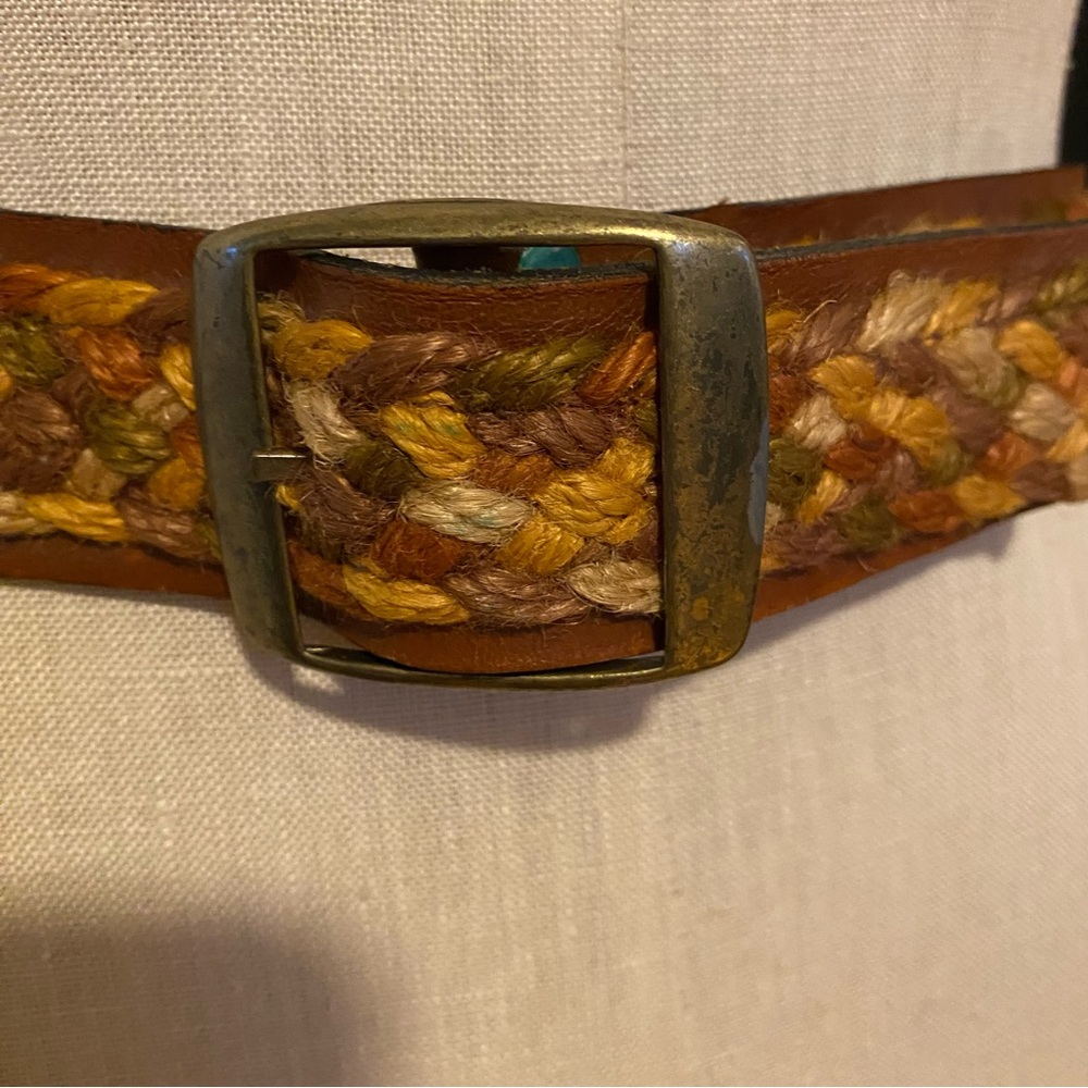 Woven multi color thread basket weave brown leather boho hippie belt XXS XS - Picture 3 of 11